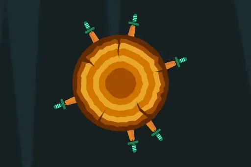 Imagem do jogo mostrando um alvo de madeira giratório com várias facas cravadas, representando a mecânica de lançar facas para quebrar o disco e coletar recompensas.