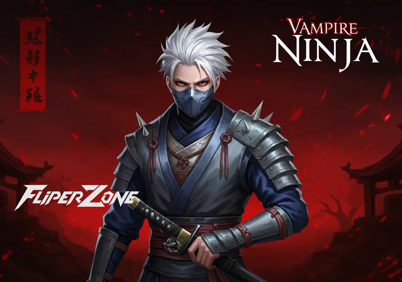 Personagem de ninja com cabelo branco, vestindo um traje azul escuro com armaduras de espinhos e uma máscara, segurando uma espada. O fundo é sombrio, com tons vermelhos e elementos de uma cidade oriental. O título "Vampire Ninja" está em destaque no cant