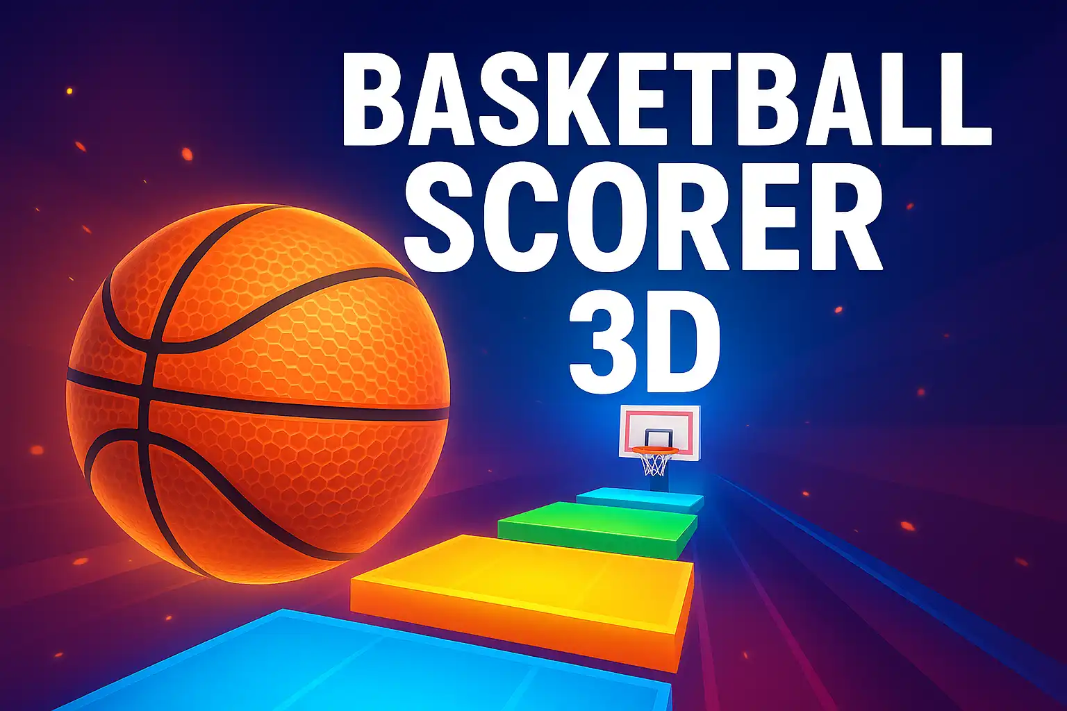 Imagem promocional do jogo Basketball Scorer 3D, mostrando uma bola de basquete em destaque e plataformas coloridas levando até a cesta ao fundo, com fundo azul escuro e letras em branco.